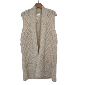Kilronan Merino Wool Cable Knit Long Vest Open Front Pockets Ireland Aran small